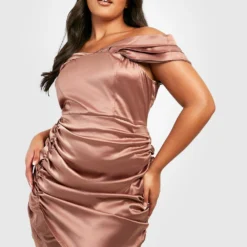 Grande Taille - Robe Portefeuille Satinée à épaules Dénudées
