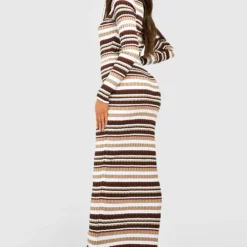 Robe Longue Rayée En Maille -Pas Cher Vêtue Diva Magasin gzz24406 chocolate xl 1