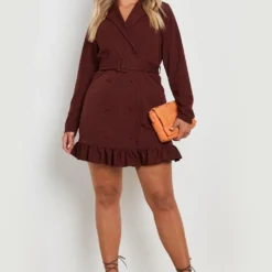 Grande Taille - Robe Blazer à Volants Et Ceinture -Pas Cher Vêtue Diva Magasin gzz24822 chocolate xl 2