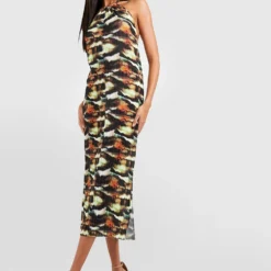 Robe Longue Plissée à Imprimé Abstrait