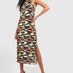 Robe Longue Plissée à Imprimé Abstrait 8 Robe Longue Plissée à Imprimé Abstrait -Pas Cher Vêtue Diva Magasin gzz25237 brown xl 2