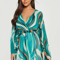 Robe à Ceinture Et Imprimé Abstrait -Pas Cher Vêtue Diva Magasin gzz25293 green xl 3