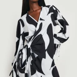 Robe Portefeuille à Manches Larges Et Imprimé Abstrait -Pas Cher Vêtue Diva Magasin gzz25354 black xl 2