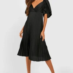 Robe Mi-longue Plissée à Manches Larges -Pas Cher Vêtue Diva Magasin gzz25439 black xl 2