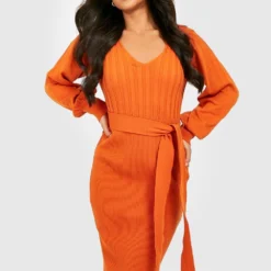 Petite - Robe En Maille Douce à Manches Bouffantes Et Ceinture -Pas Cher Vêtue Diva Magasin gzz25655 orange xl 2