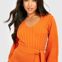 Petite - Robe En Maille Douce à Manches Bouffantes Et Ceinture -Pas Cher Vêtue Diva Magasin gzz25655 orange xl 3