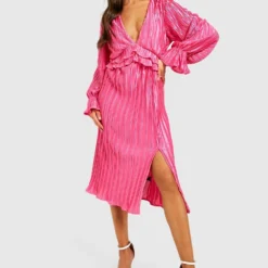 Robe Décolletée Satinée Plissée -Pas Cher Vêtue Diva Magasin gzz25731 hot20pink xl 2