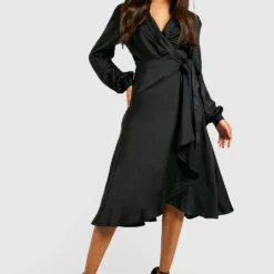 Robe Portefeuille Satinée à Détails Volantés -Pas Cher Vêtue Diva Magasin gzz25732 black xl 2