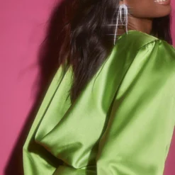 Robe Satinée Froncée à Manches Tombantes -Pas Cher Vêtue Diva Magasin gzz26064 lime xl 3