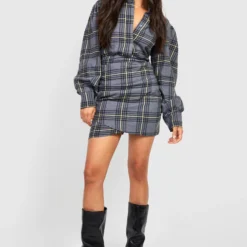 Petite - Robe Chemise à Carreaux Et Manches Bouffantes -Pas Cher Vêtue Diva Magasin gzz26984 grey xl 2 scaled