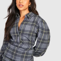 Petite - Robe Chemise à Carreaux Et Manches Bouffantes -Pas Cher Vêtue Diva Magasin gzz26984 grey xl 3 scaled