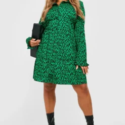 BOOHOO Grande Taille - Robe Chemise à Volants Et Imprimé Animal -Pas Cher Vêtue Diva Magasin gzz27141 green xl 2