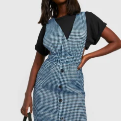 Robe Salopette Boutonnée à Imprimé Pied-de-poule