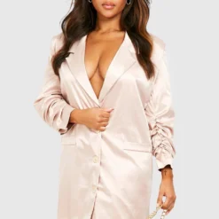 Grande Taille - Robe Blazer Satinée à Manches Froncées -Pas Cher Vêtue Diva Magasin gzz27851 champagne xl 2