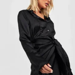 Robe Chemise Nouée Satinée 9 Robe Chemise Nouée Satinée -Pas Cher Vêtue Diva Magasin gzz27957 black xl 3