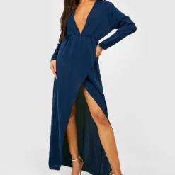 Robe Portefeuille En Mousseline De Soie à Manches Longues -Pas Cher Vêtue Diva Magasin gzz27973 navy xl 2