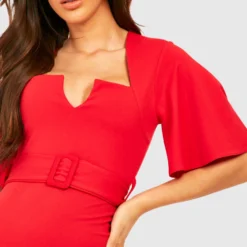 Robe De Tailleur à Manches Volantées Et Encoche -Pas Cher Vêtue Diva Magasin gzz28638 red xl 2