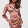 Robe Corset Satinée à Col Montant -Pas Cher Vêtue Diva Magasin gzz29165 chocolate xl