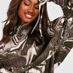 Robe Plissée à Manches Froncées Et Imprimé Marbre -Pas Cher Vêtue Diva Magasin gzz29867 chocolate xl 3