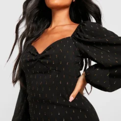 Petite - Robe Métallisée En Plumetis à Manches Bouffantes -Pas Cher Vêtue Diva Magasin gzz30923 black xl 3