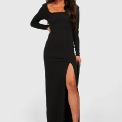 Petite - Robe Longue Fendue à Col Carré Et Manches Longues 8 Petite - Robe Longue Fendue à Col Carré Et Manches Longues -Pas Cher Vêtue Diva Magasin gzz31125 black xl 2