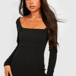 Petite - Robe Longue Fendue à Col Carré Et Manches Longues 9 Petite - Robe Longue Fendue à Col Carré Et Manches Longues -Pas Cher Vêtue Diva Magasin gzz31125 black xl 3