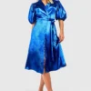 Robe Cache-cœur Mi-longue Satinée à Manches Bouffantes -Pas Cher Vêtue Diva Magasin gzz31132 cobalt xl