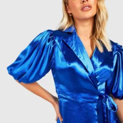Robe Cache-cœur Mi-longue Satinée à Manches Bouffantes -Pas Cher Vêtue Diva Magasin gzz31132 cobalt xl 3