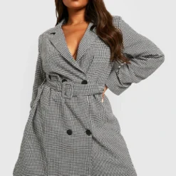Grande Taille - Robe Blazer à Ceinture Et Motif Pied-de-poule
