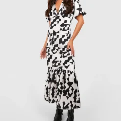 Robe Longue à Manches Bouffantes Et Imprimé Abstrait -Pas Cher Vêtue Diva Magasin gzz32274 black xl 2