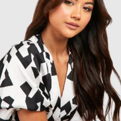 Robe Longue à Manches Bouffantes Et Imprimé Abstrait -Pas Cher Vêtue Diva Magasin gzz32274 black xl 3