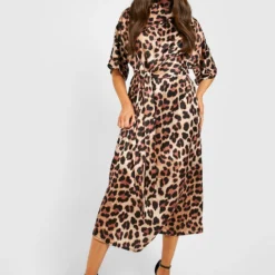 Robe Mi-longue Satinée à Imprimé Léopard -Pas Cher Vêtue Diva Magasin gzz32282 black xl 2