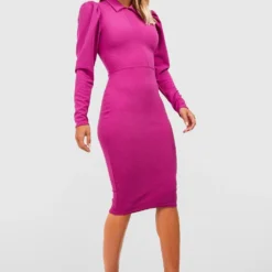 Robe Mi-longue à Revers Et Manches Longues -Pas Cher Vêtue Diva Magasin gzz33018 magenta xl 3