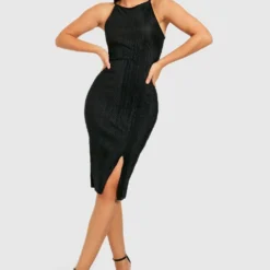 Robe Mi-longue Plissée Fendue -Pas Cher Vêtue Diva Magasin gzz33021 black xl 2