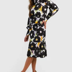 Robe Mi-longue Fleurie à Col Montant -Pas Cher Vêtue Diva Magasin gzz33035 black xl 2