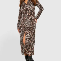 Robe Chemise Mi-longue à Imprimé Léopard -Pas Cher Vêtue Diva Magasin gzz33061 brown xl 2