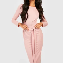 Robe Mi-longue Basique Nouée à Manches Longues