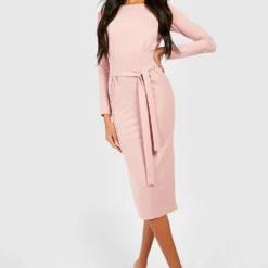 Robe Mi-longue Basique Nouée à Manches Longues -Pas Cher Vêtue Diva Magasin gzz33221 rose xl 2