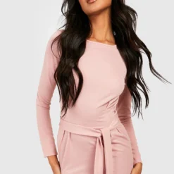 Robe Mi-longue Basique Nouée à Manches Longues -Pas Cher Vêtue Diva Magasin gzz33221 rose xl 3