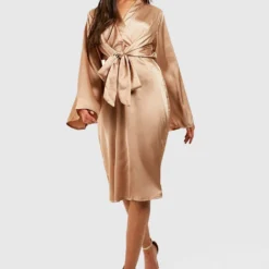 Robe Mi-longue Nouée Satinée à Manches Larges 8 Robe Mi-longue Nouée Satinée à Manches Larges -Pas Cher Vêtue Diva Magasin gzz33482 champagne xl 2