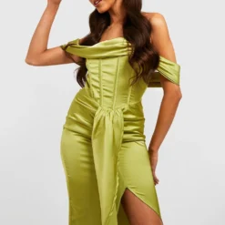Robe Courte Satinée Drapée à Col Bateau -Pas Cher Vêtue Diva Magasin gzz33948 chartreuse xl 3