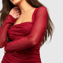 Robe Moulante Froncée En Mesh à Col Carré -Pas Cher Vêtue Diva Magasin gzz34515 berry xl 3 scaled