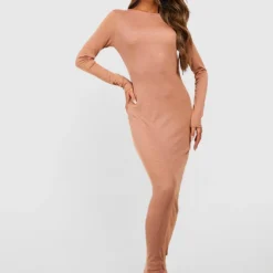 Robe Longue Côtelée à Manches Longues