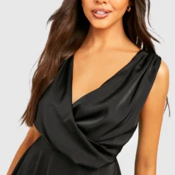 Robe Portefeuille Satinée à Col Bénitier -Pas Cher Vêtue Diva Magasin gzz34602 black xl 3