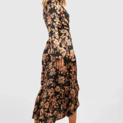 Robe Mi-longue Satinée à Volants Et Imprimé Floral -Pas Cher Vêtue Diva Magasin gzz34619 black xl 1