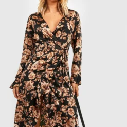Robe Mi-longue Satinée à Volants Et Imprimé Floral -Pas Cher Vêtue Diva Magasin gzz34619 black xl 2