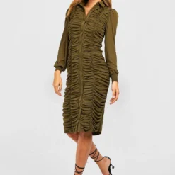 Robe Chemise En Mesh Froncée 8 Robe Chemise En Mesh Froncée -Pas Cher Vêtue Diva Magasin gzz34629 khaki xl 2