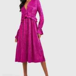BOOHOO Robe Mi-longue Métallisée Plissée -Pas Cher Vêtue Diva Magasin gzz34884 hot20pink xl 2