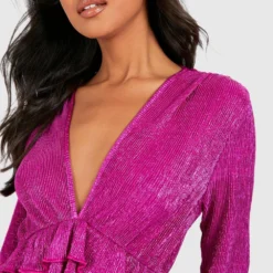 BOOHOO Robe Mi-longue Métallisée Plissée -Pas Cher Vêtue Diva Magasin gzz34884 hot20pink xl 3