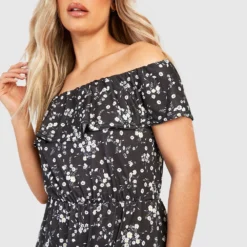 Grande Taille - Robe Longue Fleurie à Col Bateau Et Volants -Pas Cher Vêtue Diva Magasin gzz35446 black xl 2